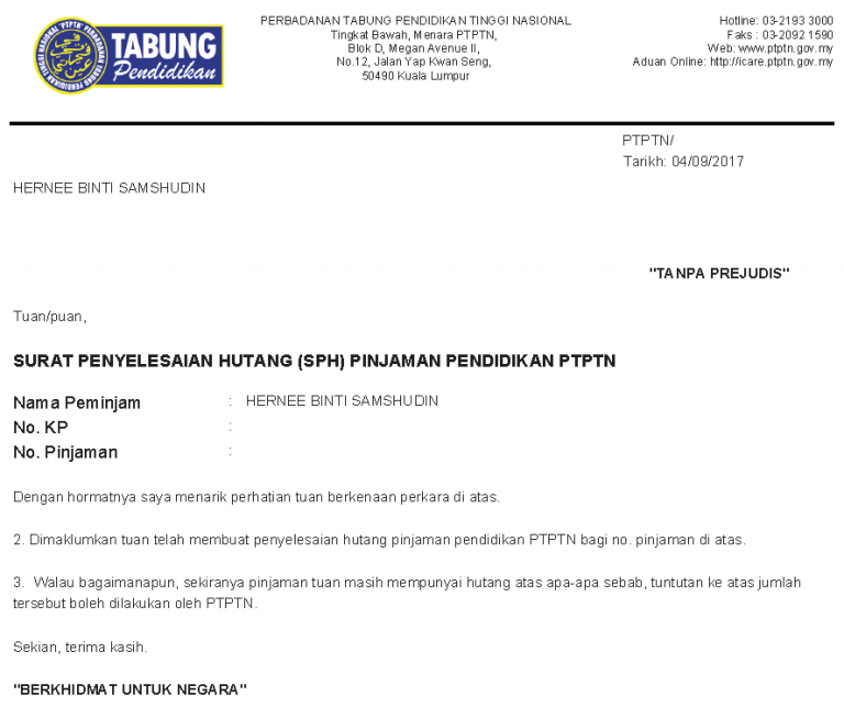 Surat Penyelesaian Hutang (SPH) Pinjaman Pendidikan PTPTN