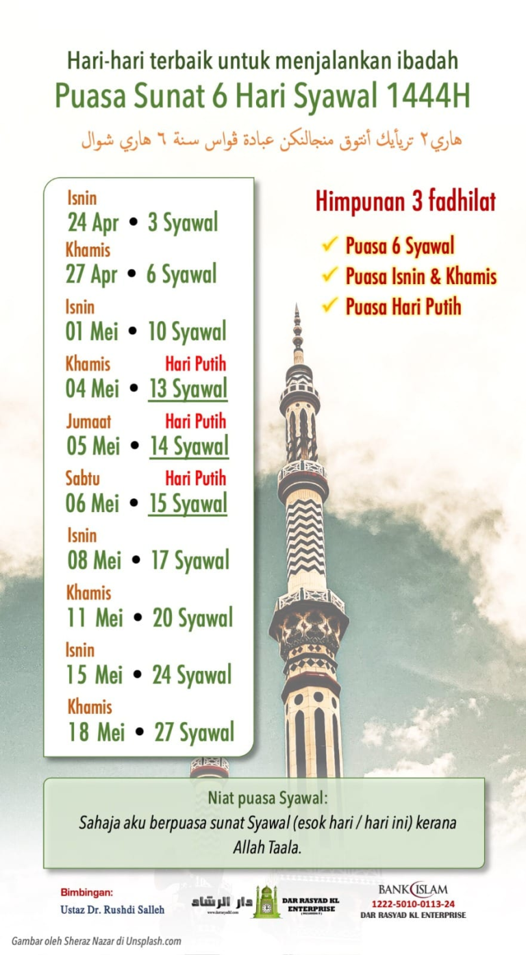 Hari Terbaik Untuk Menjalankan Ibadah Puasa Sunat 6 Hari Syawal 1444H