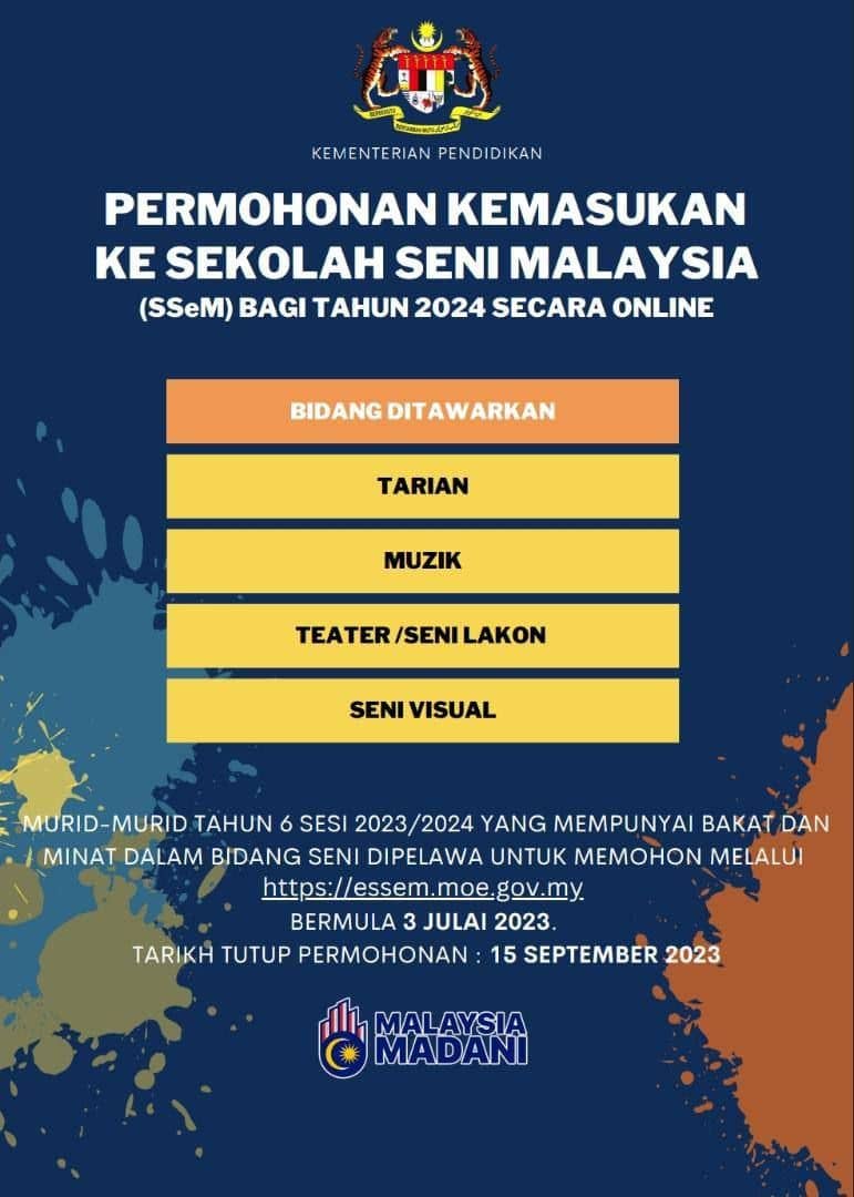 Permohonan Murid Ke Tingkatan 1 Sekolah Seni Malaysia-Program Pendidikan Seni (SSeM/PPS) Sesi 2024